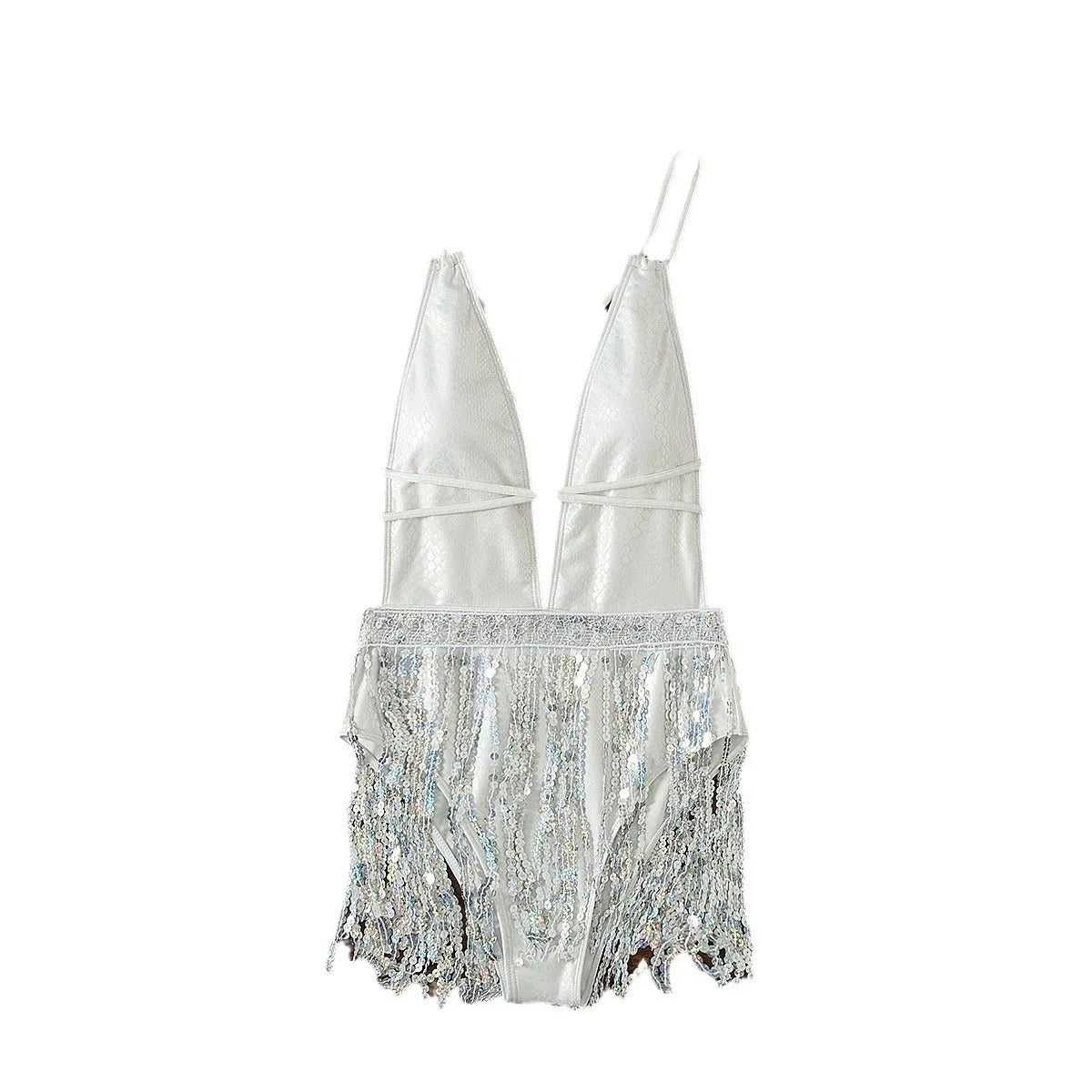 White women's one-piece swimsuit with deep V-neck and decorative tassels.