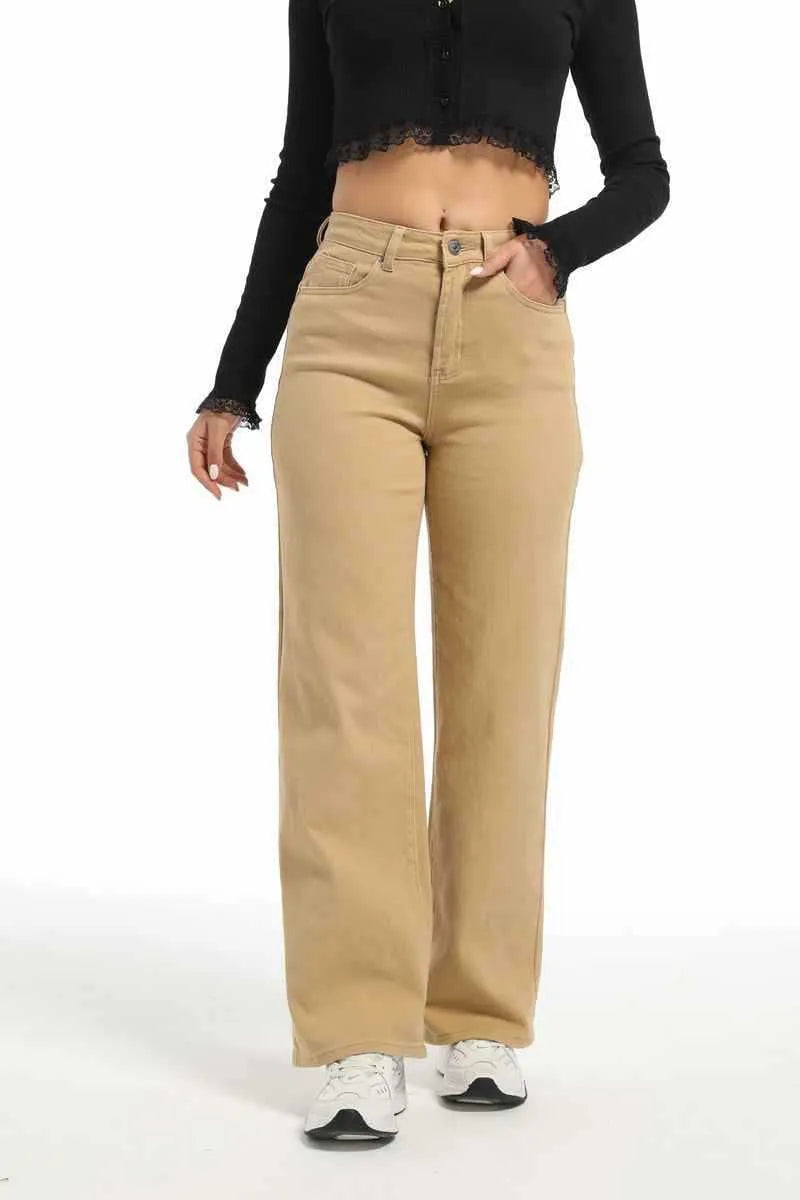Women's high waist straight leg wide jeans in apricot and khaki colours