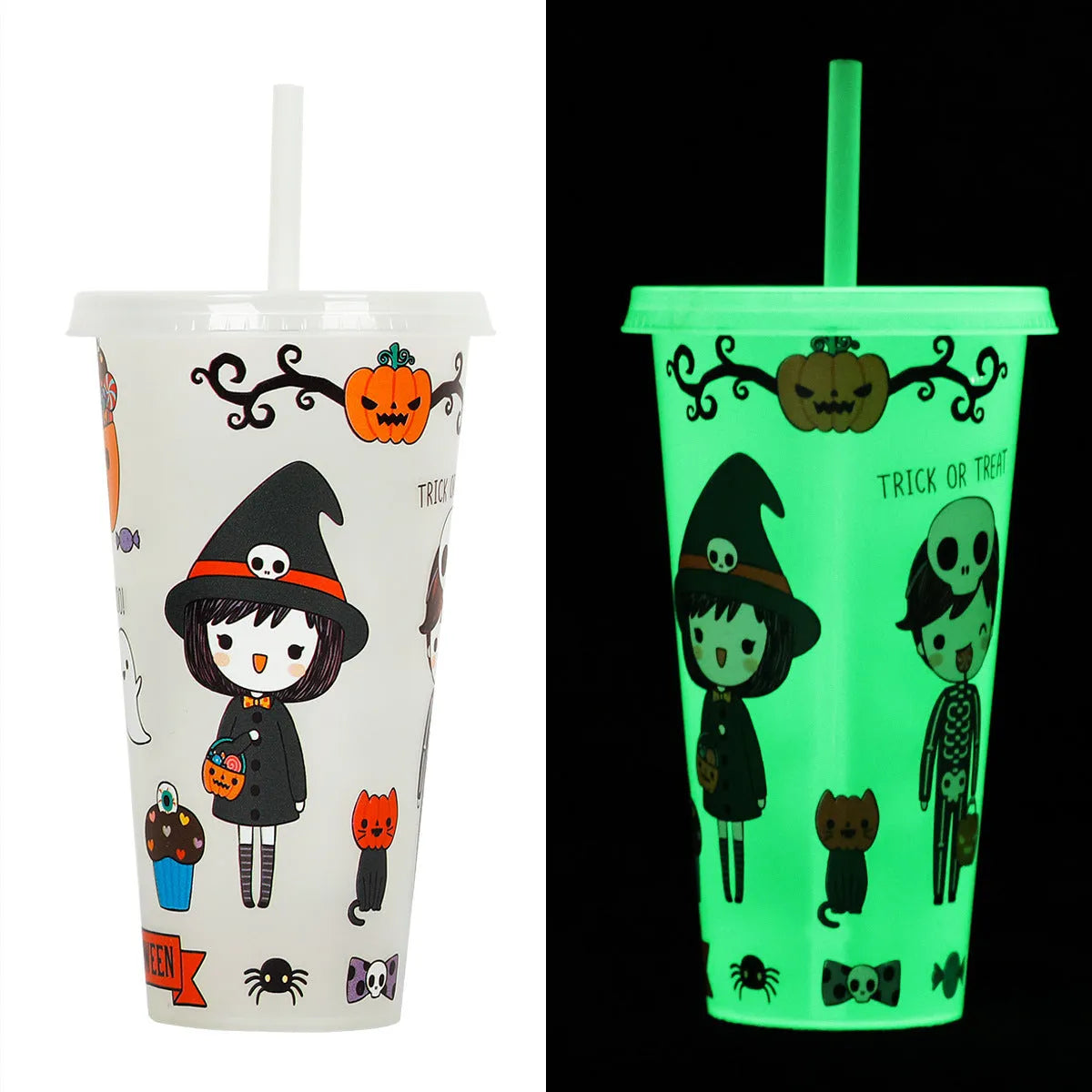 720ml plastic Halloween sippy cup with luminous straw showing cylindrical shape and six colour options