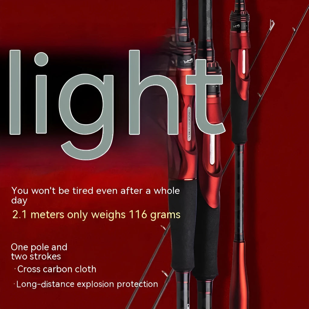 Carbon ultralight fishing rod showing straight handle and pikestaff handle options, lengths 2.1m and 2.4m.