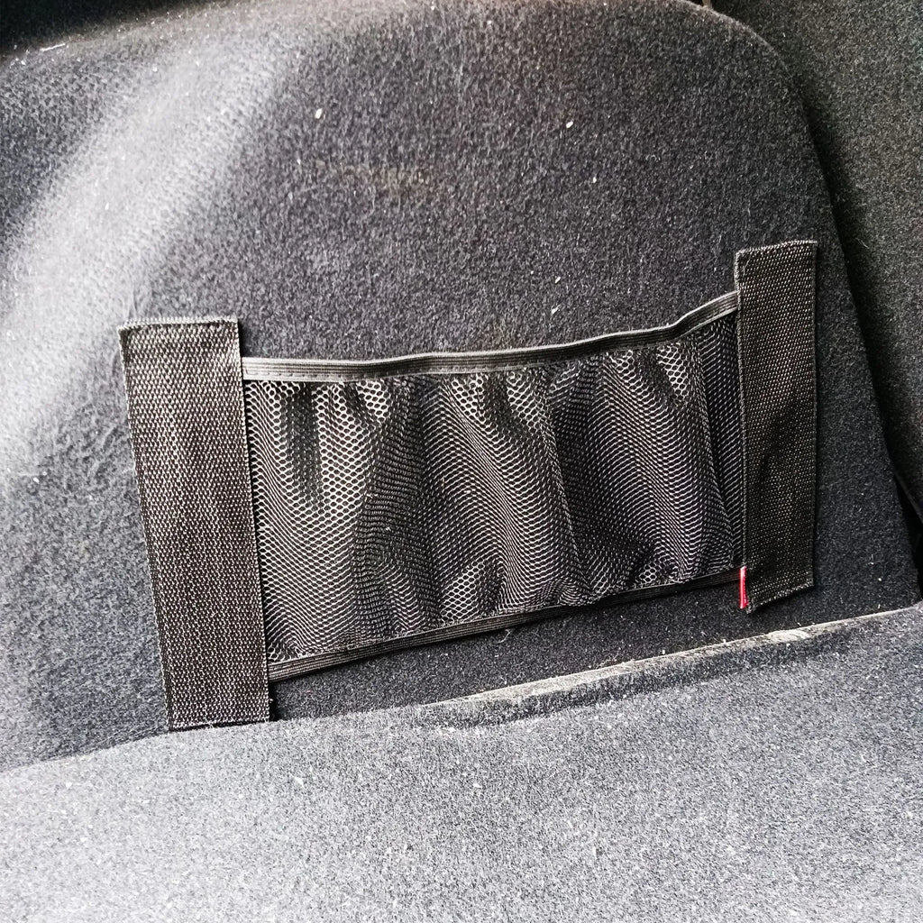Polyester elastic storage net for car boot organisation in two size options.