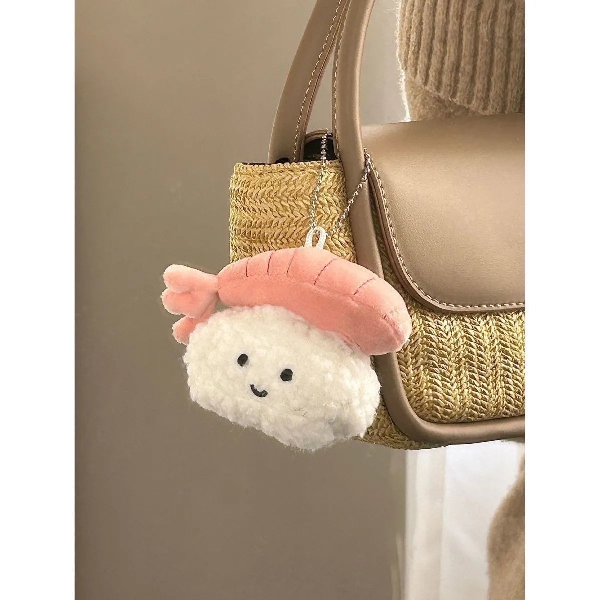 Soft plush sweet shrimp sushi pendant charm in pink and white, kawaii bag accessory