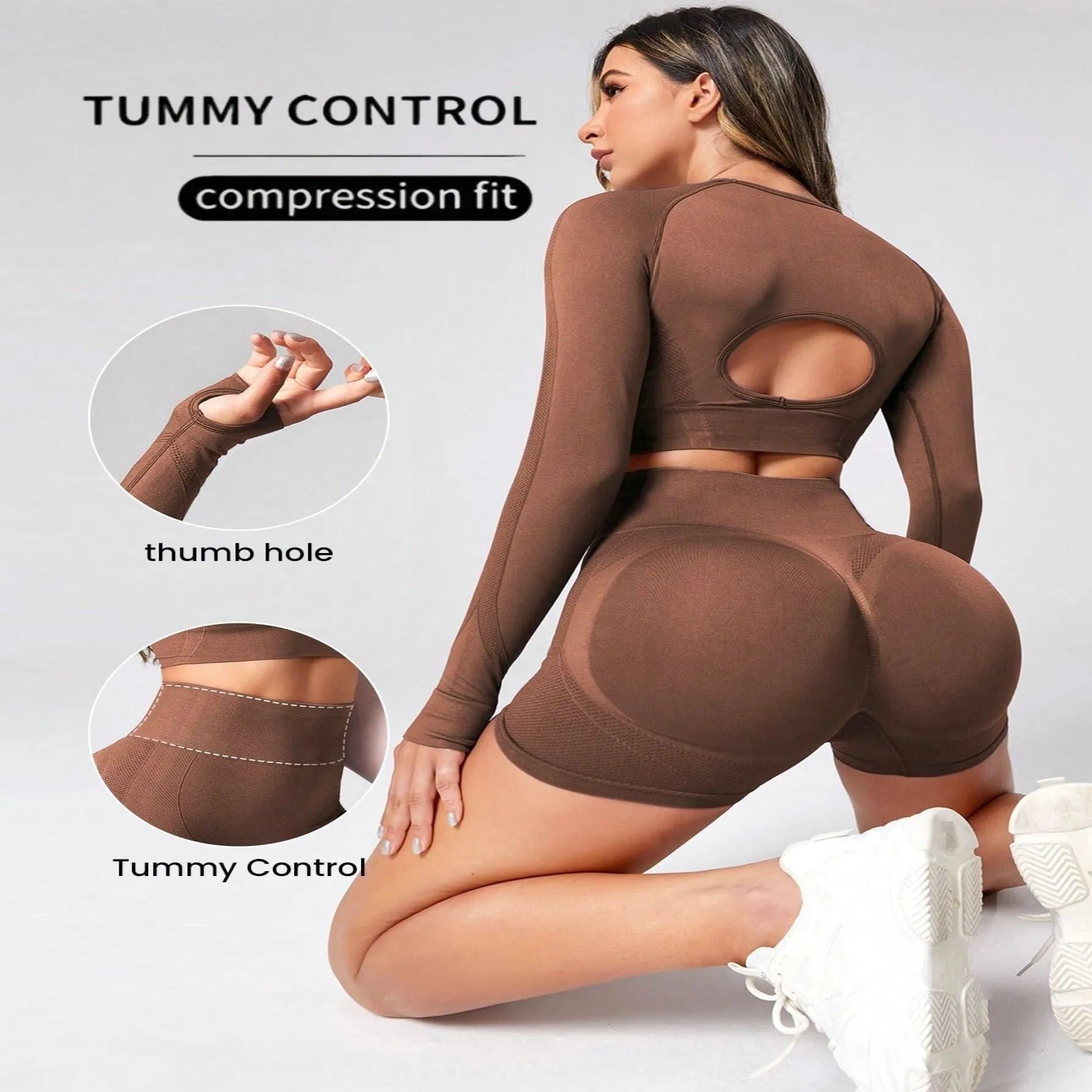 Women's high-waist yoga suit in black, featuring a long sleeve top and tight-fit trousers.