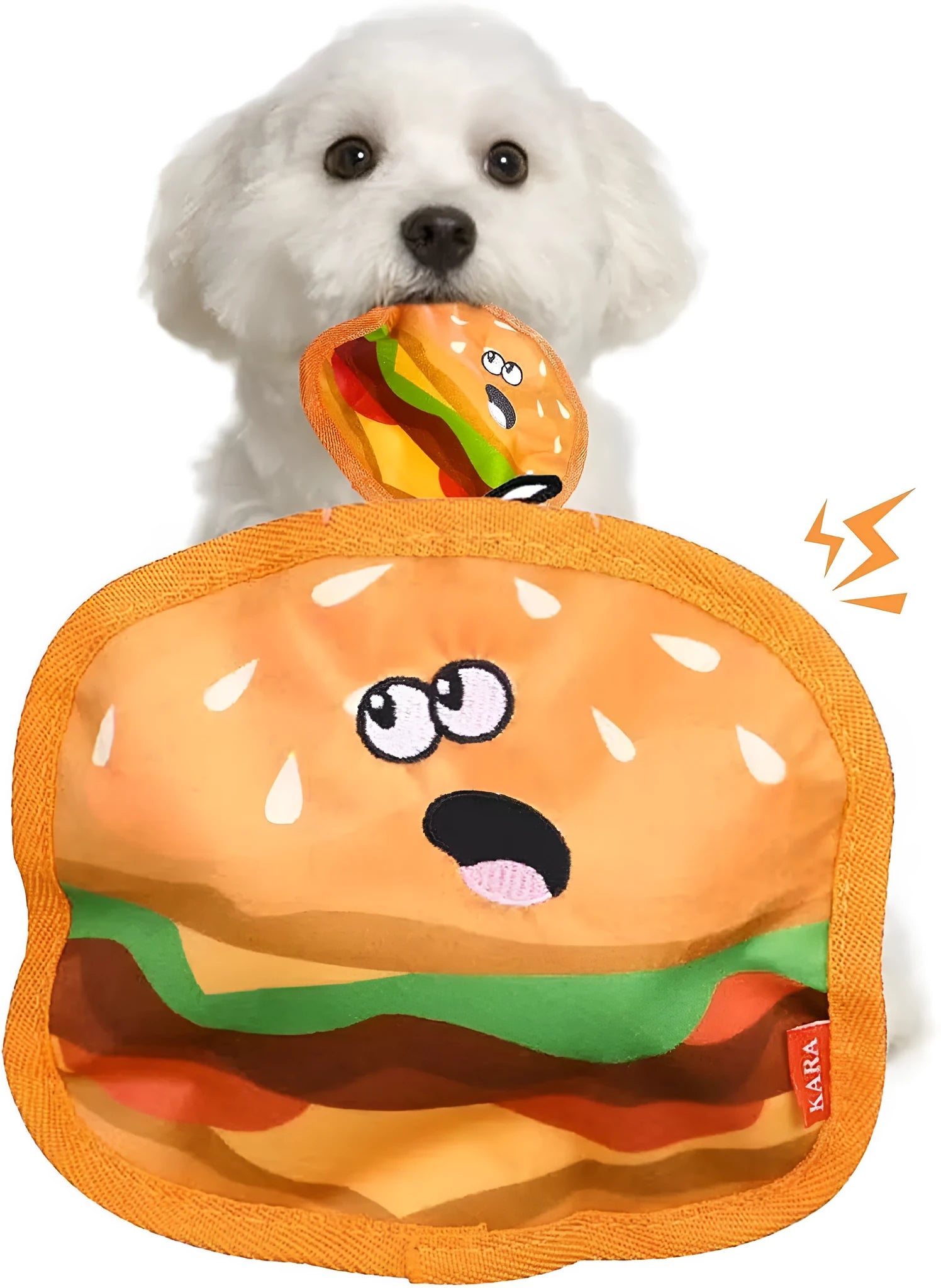 Crinkle and squeaky dog toy in hamburger, fries, hot dog, and pizza shapes.