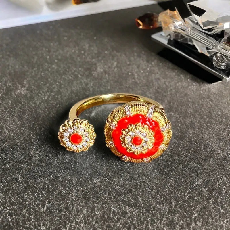 Adjustable vintage copper gourd ring with oil-dripping colour finish and inlaid zircon gemstones