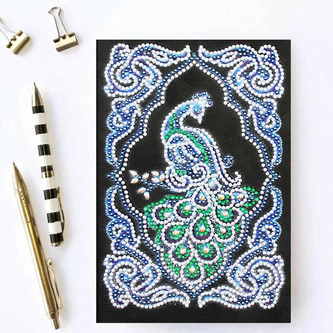 Peacock diamond painting notebook with shaped and bright drill beads, A5 size 142x207mm