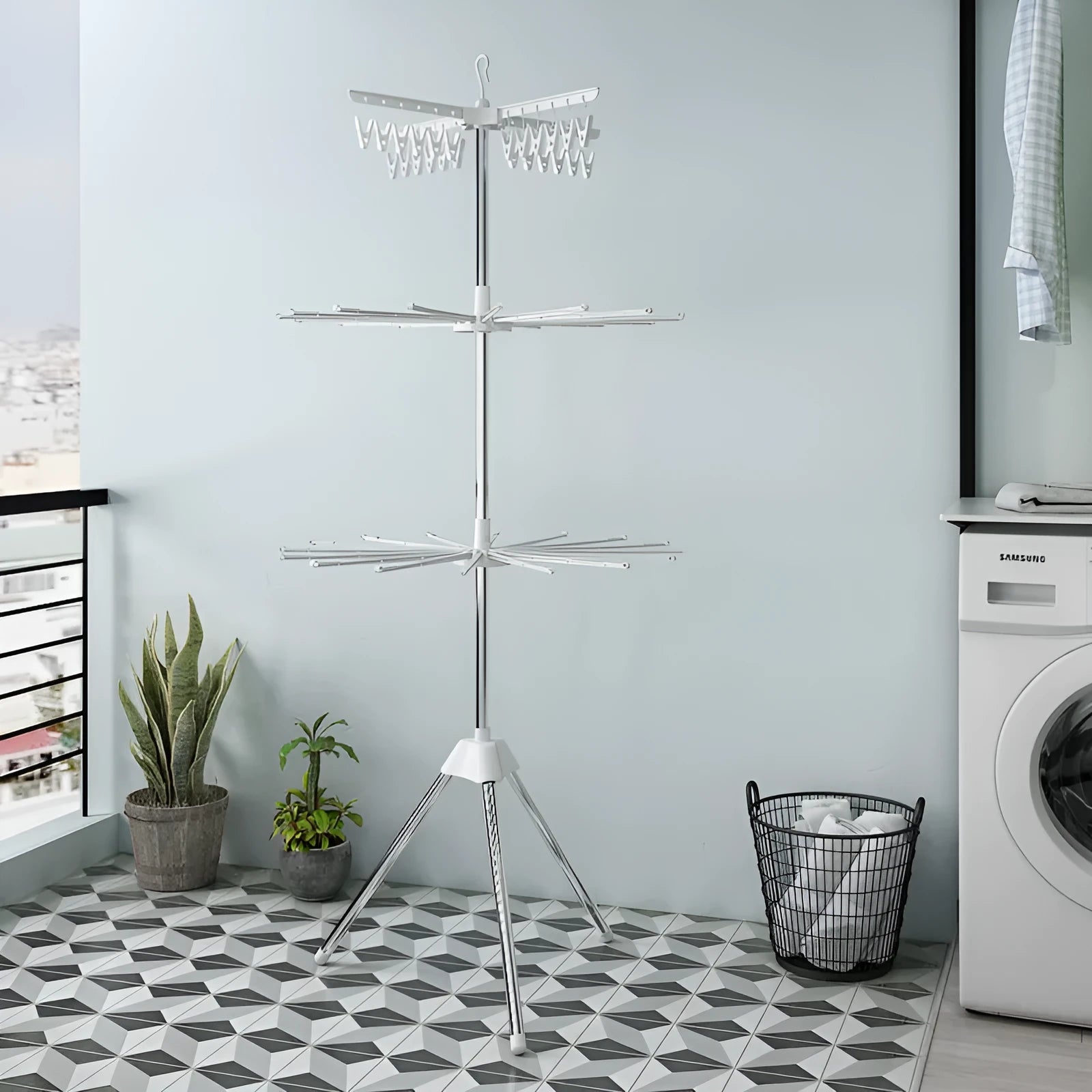 Mobile split plastic clip drying rack with three-layer stainless steel construction in modern simplicity style
