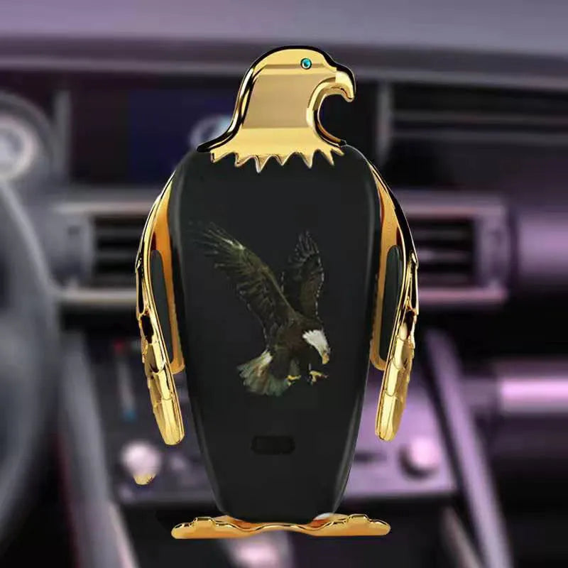 Car phone holder with wireless charging in Eagle design style, showing black and gold colour option