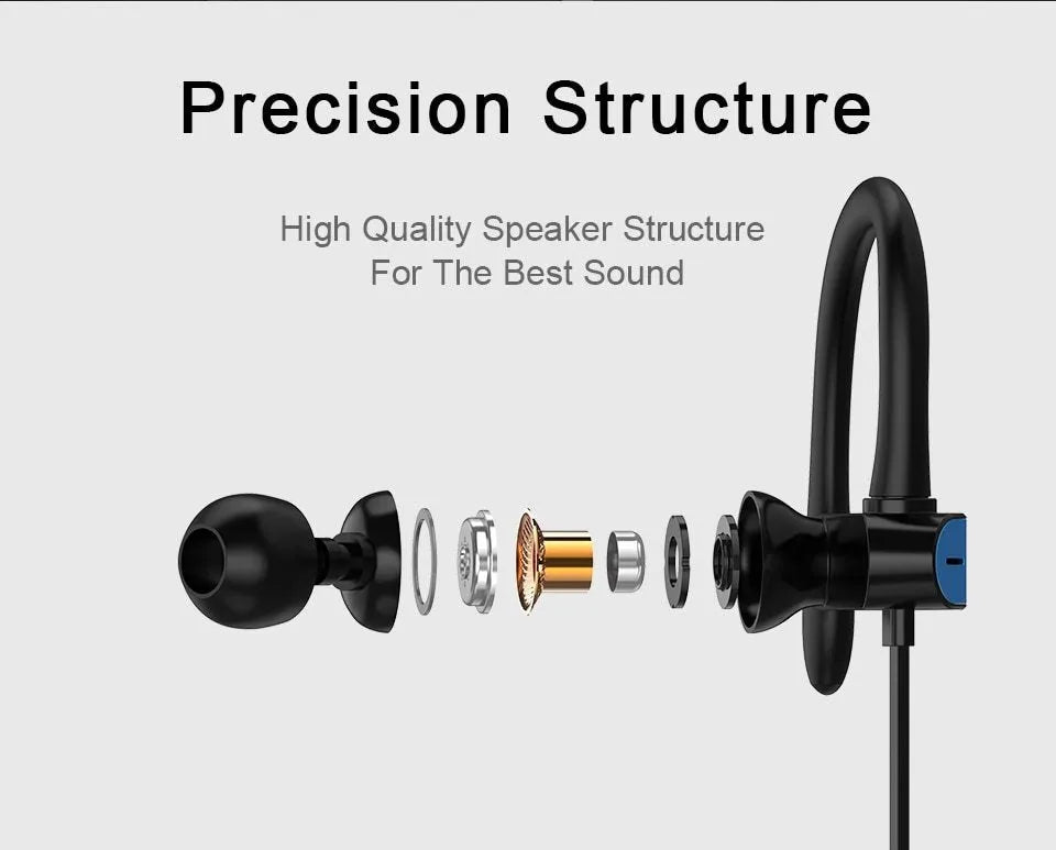 Sport earphones with ear hook design in black blue colour option for secure fit during exercise
