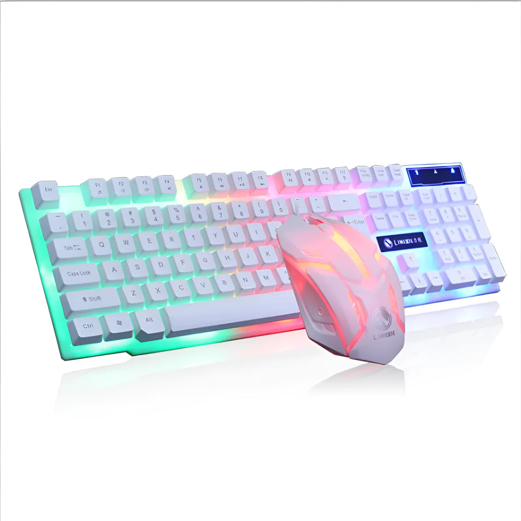 Limei GTX300 mechanical keyboard and mouse set with backlit keys on desktop