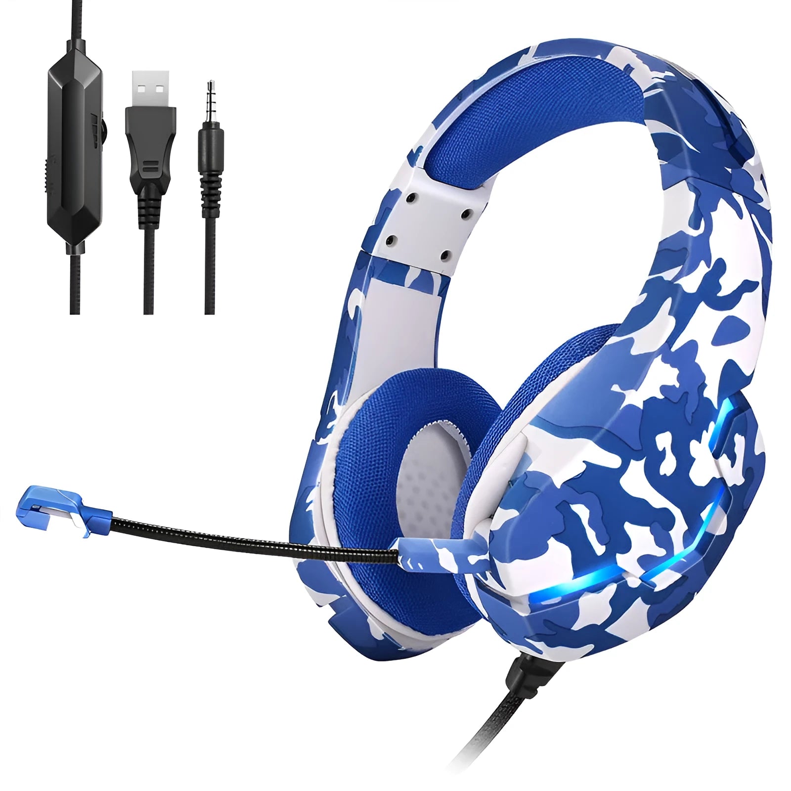 Wired over-ear gaming headset with microphone in camouflage blue colour, showing braided cable and 3.5mm plug.