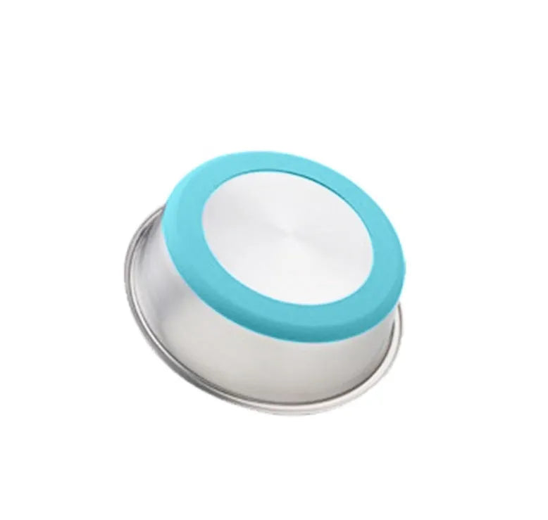 Silicone pet bowl with stainless steel interior in black, shown on floor with anti-slip ring around base