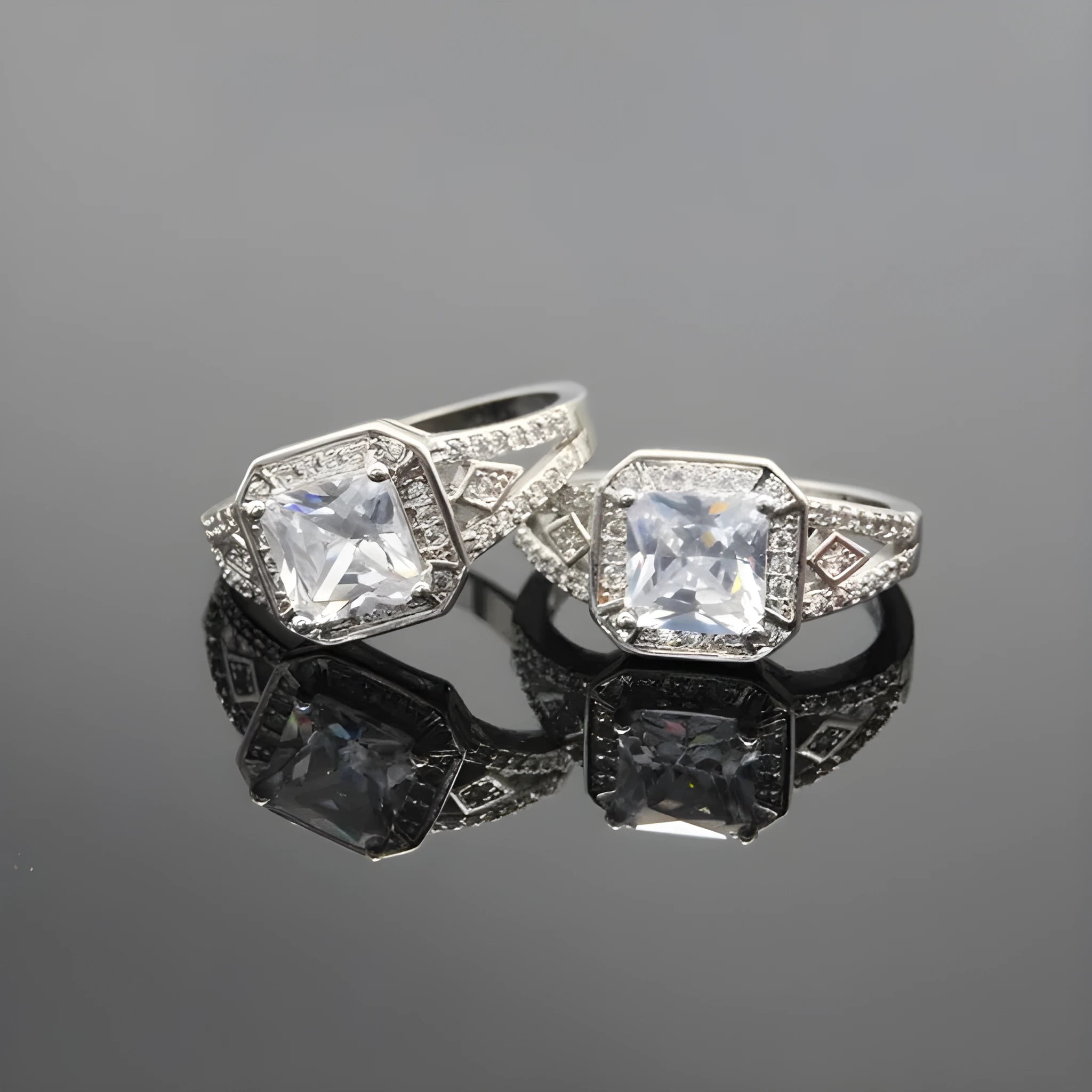 Women's geometric hollow zircon ring with platinum colour finish and quadrilateral design