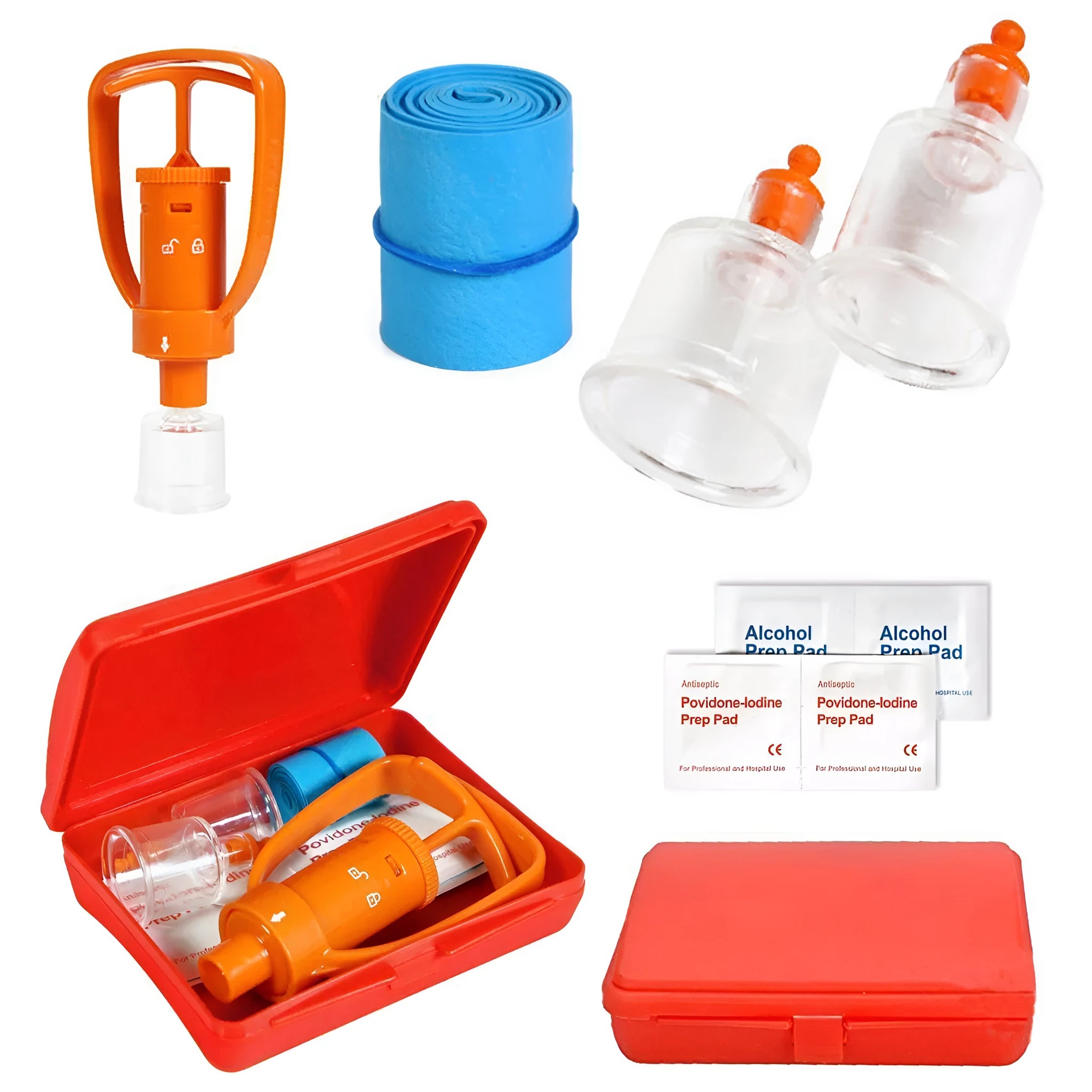 Orange portable venom extractor suction device kit open to show pump, suction cups, tourniquet and swabs.