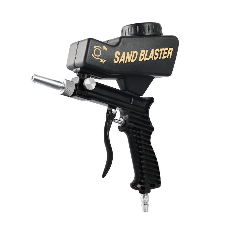 Portable black gravity-feed pneumatic sandblasting gun with a sand tank and trigger.