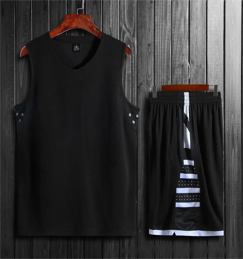 Breathable black and white sports vest and pants set for basketball training and fitness.