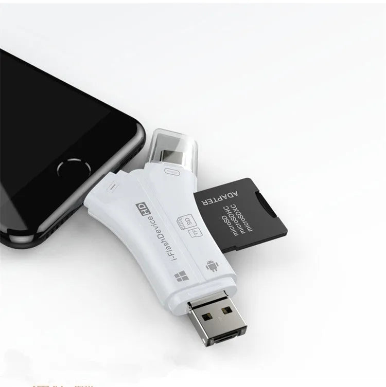 White NK908 4-in-1 mobile card reader with Lightning, USB, Type-C, and MicroUSB ports next to an SD card.