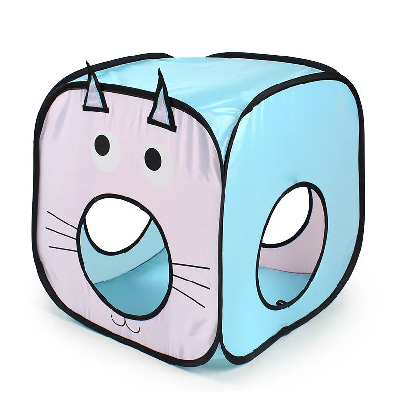 Foldable pet play tunnel with cat and fish print design for small cats and puppies