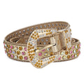 Alloy belt with punk rock rivet and rhinestone detailing on imitation leather strap