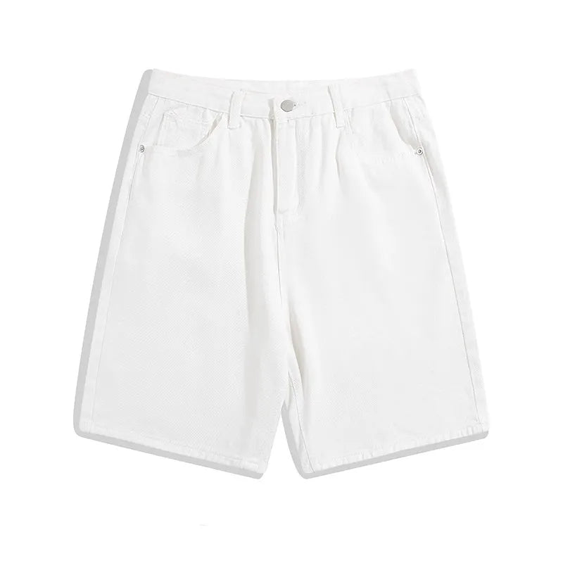 Men's straight-leg denim shorts in light blue colour showing zipper closure and casual cut
