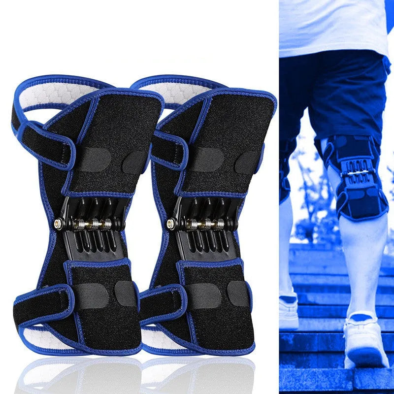 Adjustable black spring knee brace with straps and venting holes for sports support.