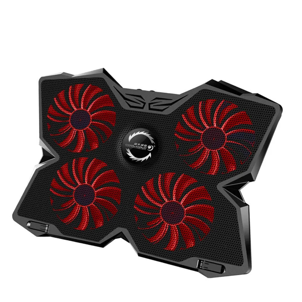 Blue laptop cooling pad with four illuminated LED fans and two USB ports on the front.