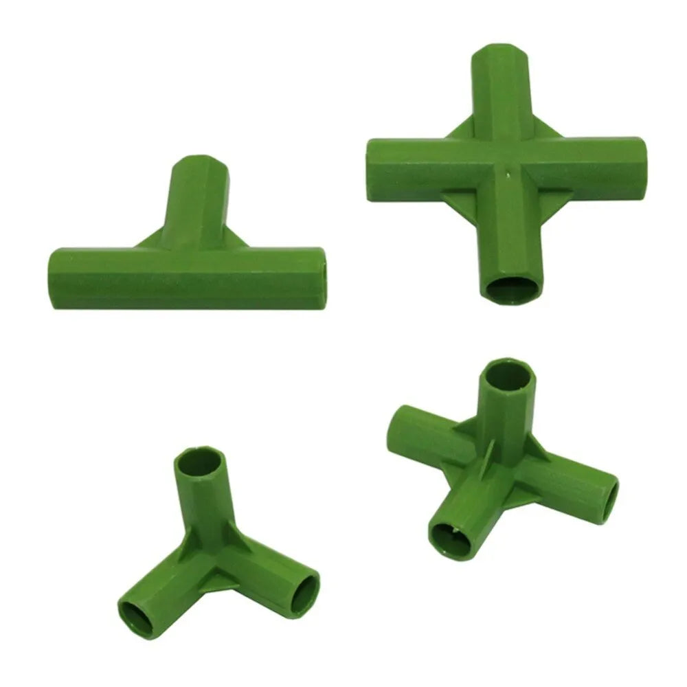 Two plastic plant support connectors with three-way and four-way joints for garden stake pillars
