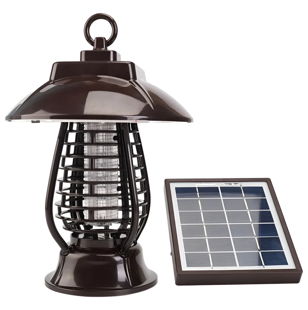 White solar powered outdoor mosquito repellent lamp with solar panel on top and LED light beads.