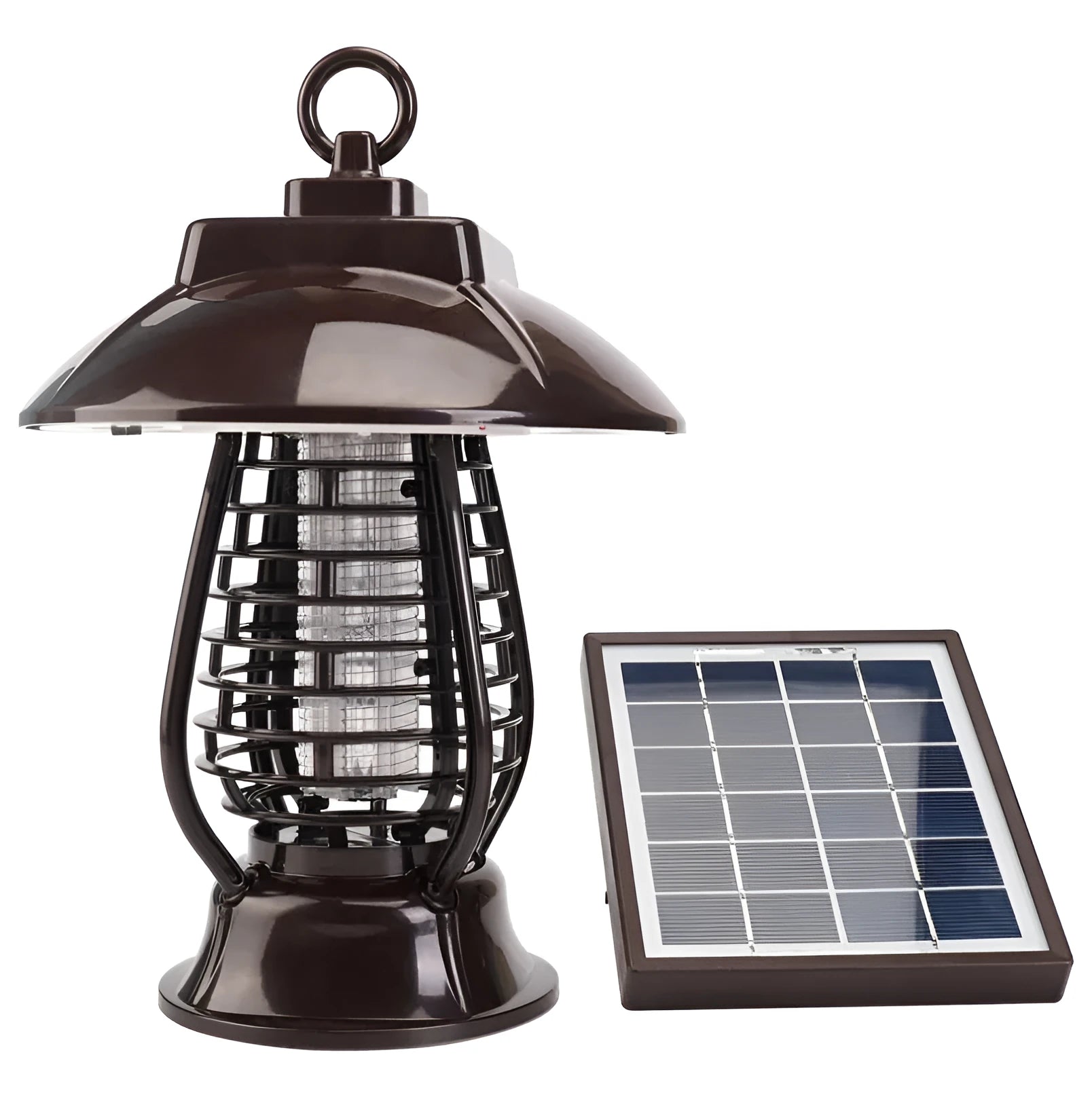 White solar powered outdoor mosquito repellent lamp with solar panel on top and LED light beads.