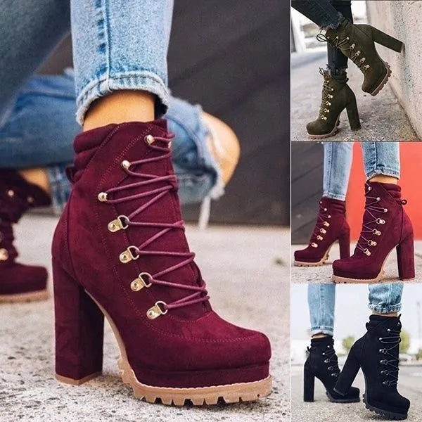 Women's suede Roman-style high heel winter boots in army green with belt buckle details and waterproof platform