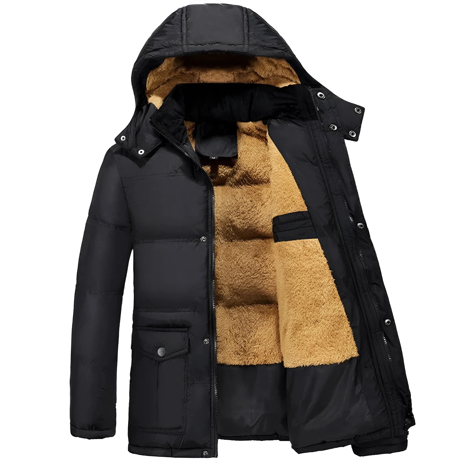 Men's black velvet padded jacket with hood and double-breasted buttons, showing loose fit.