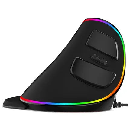 Vertical snail-shaped ergonomic computer mouse with RGB lighting and USB cable.