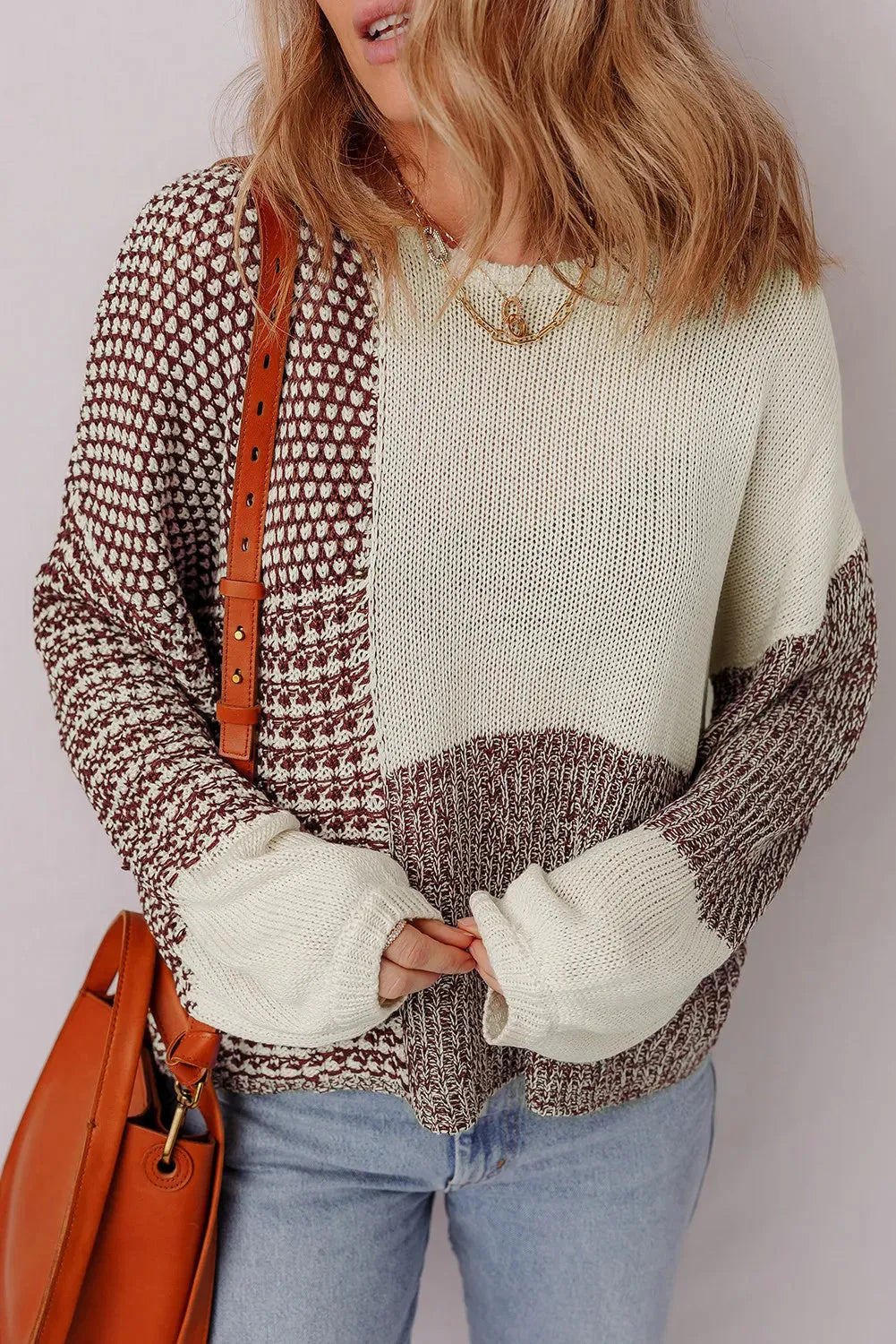 Dark khaki women's sweater with colour block design, back tie detail, and drop shoulder loose fit