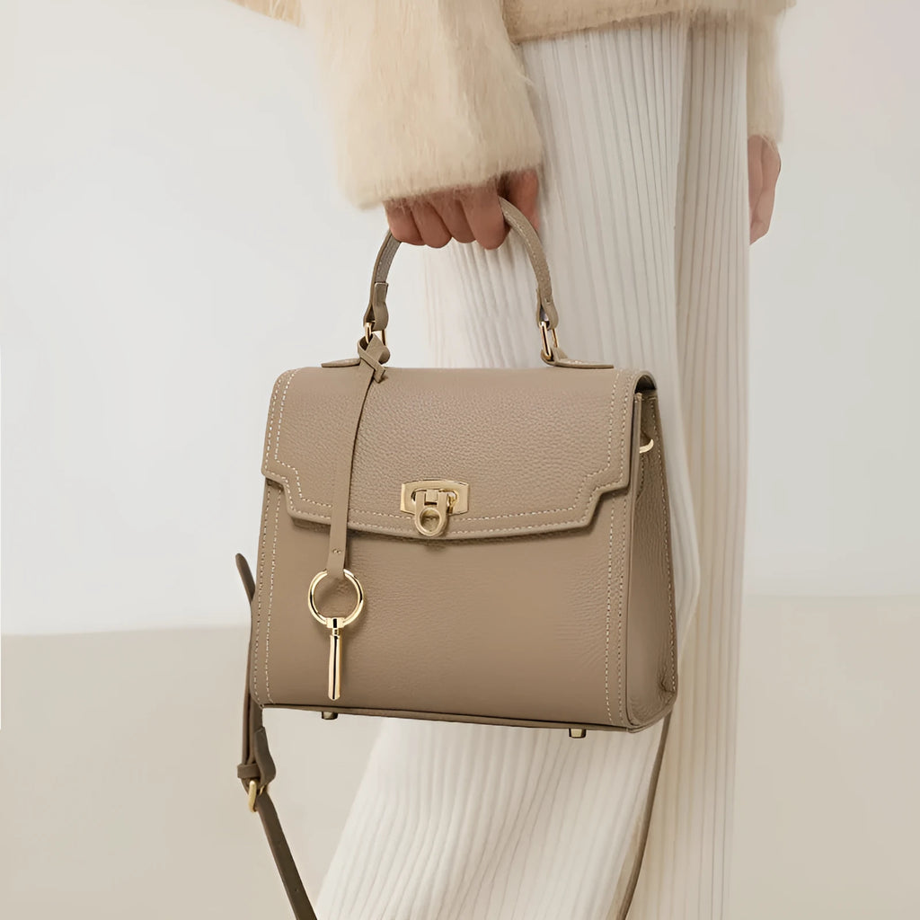 Elephant grey vintage leather handbag with litchi pattern lock and double shoulder straps