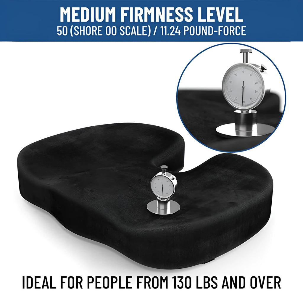 Black U-shaped memory foam seat cushion with flannel cover, shown on an office chair.