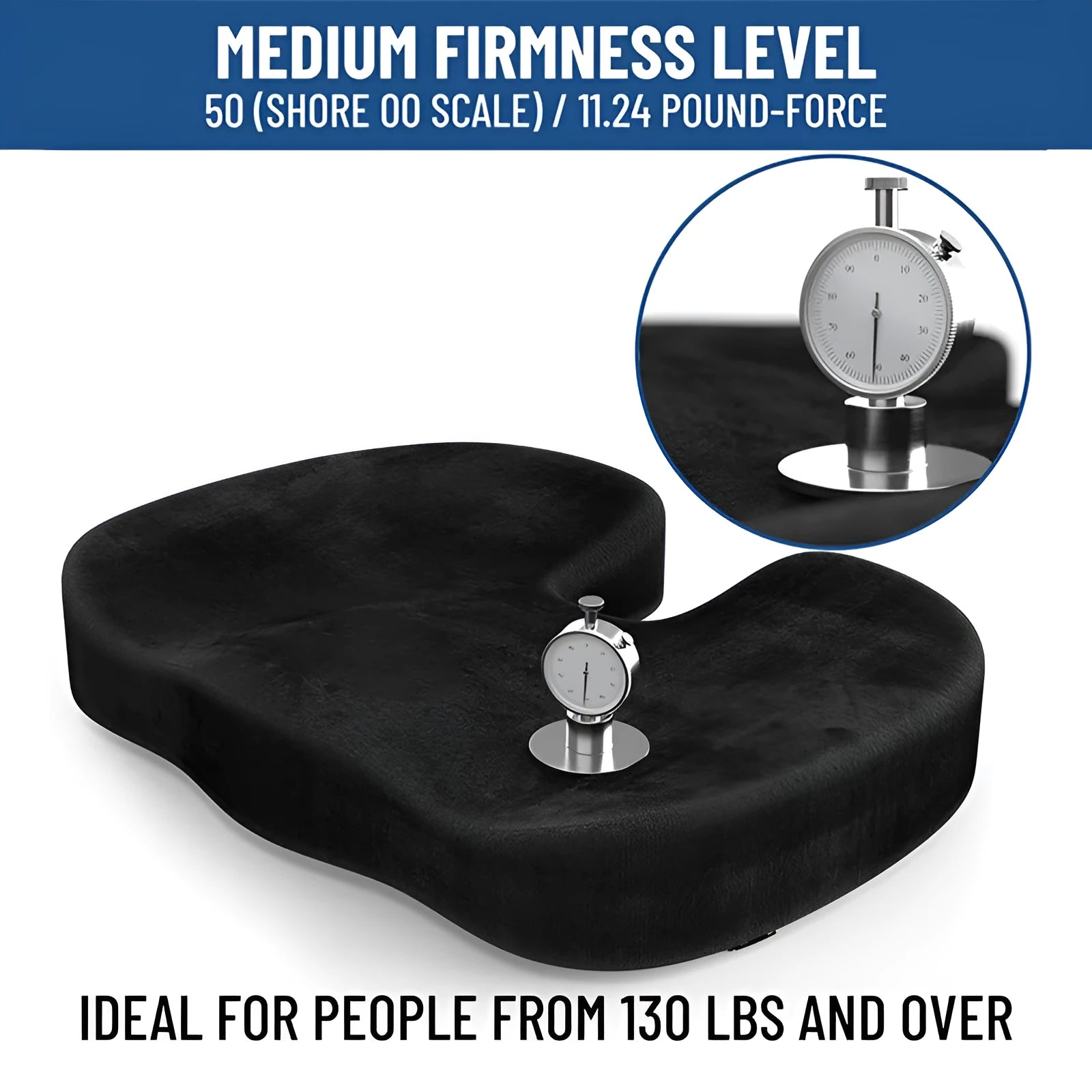 Black U-shaped memory foam seat cushion with flannel cover, shown on an office chair.