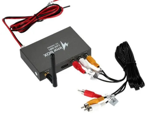Black car mirror link box converter unit with power cable, AV cable, antenna, and user manual for smartphone screen mirroring.