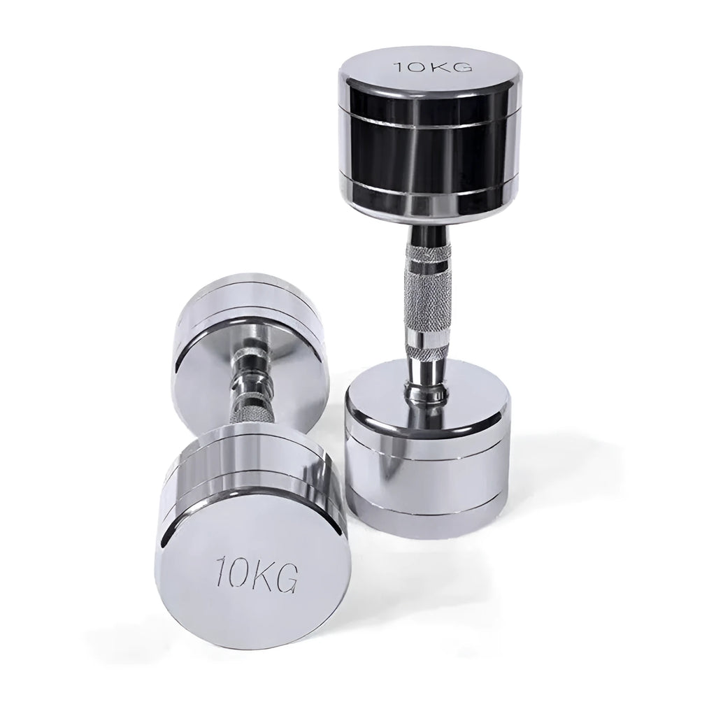 Silver pure steel electroplated dumbbell with ergonomic handle on a grey background