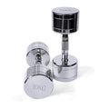 Silver pure steel electroplated dumbbell with ergonomic handle on a grey background