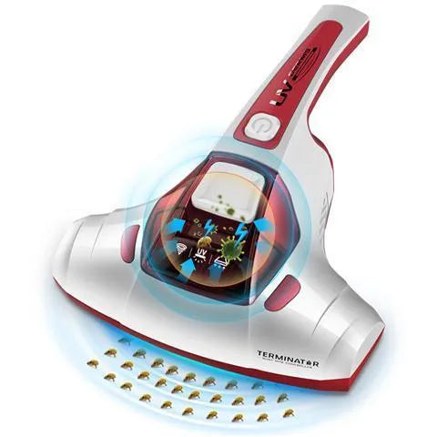 Pink handheld vacuum mite cleaner with UV-C light on cleaning head.