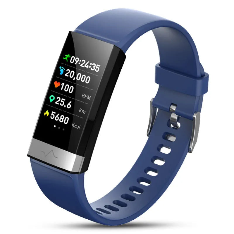 V19 smart bracelet fitness tracker with colour display shown in black, blue, and red colour options