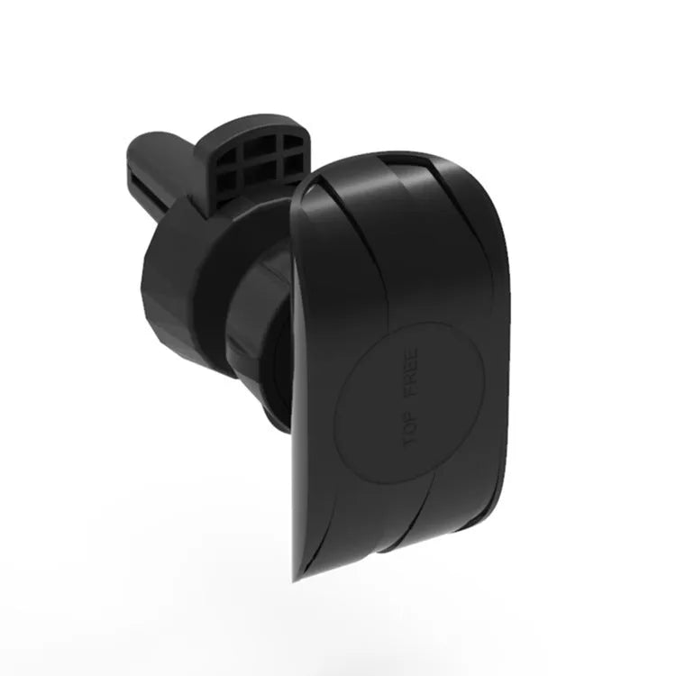 Black car phone holder attached to car air vent with adjustable arms holding mobile device
