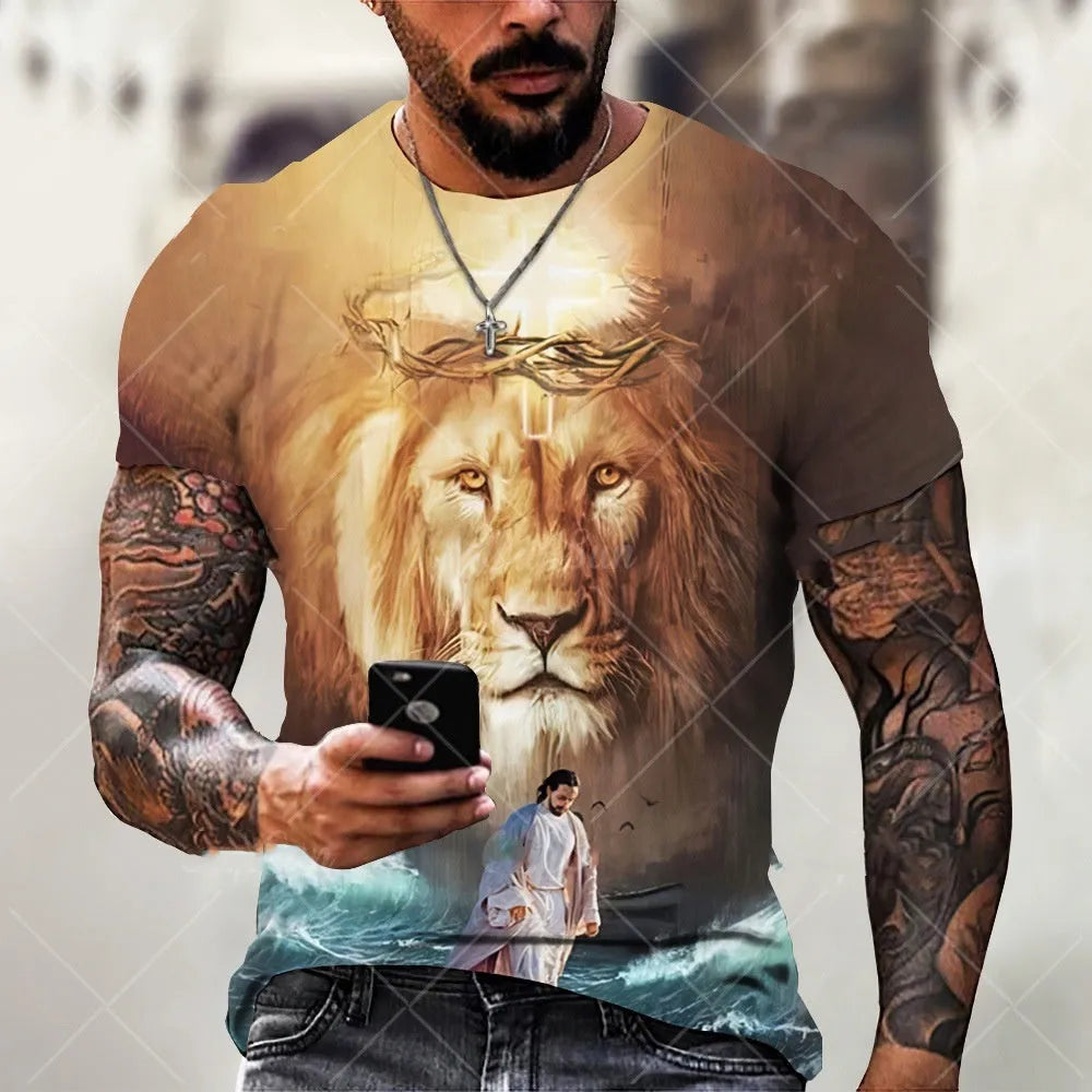 Men's grey t-shirt featuring a raised 3D printed Jesus Christ portrait on the chest.