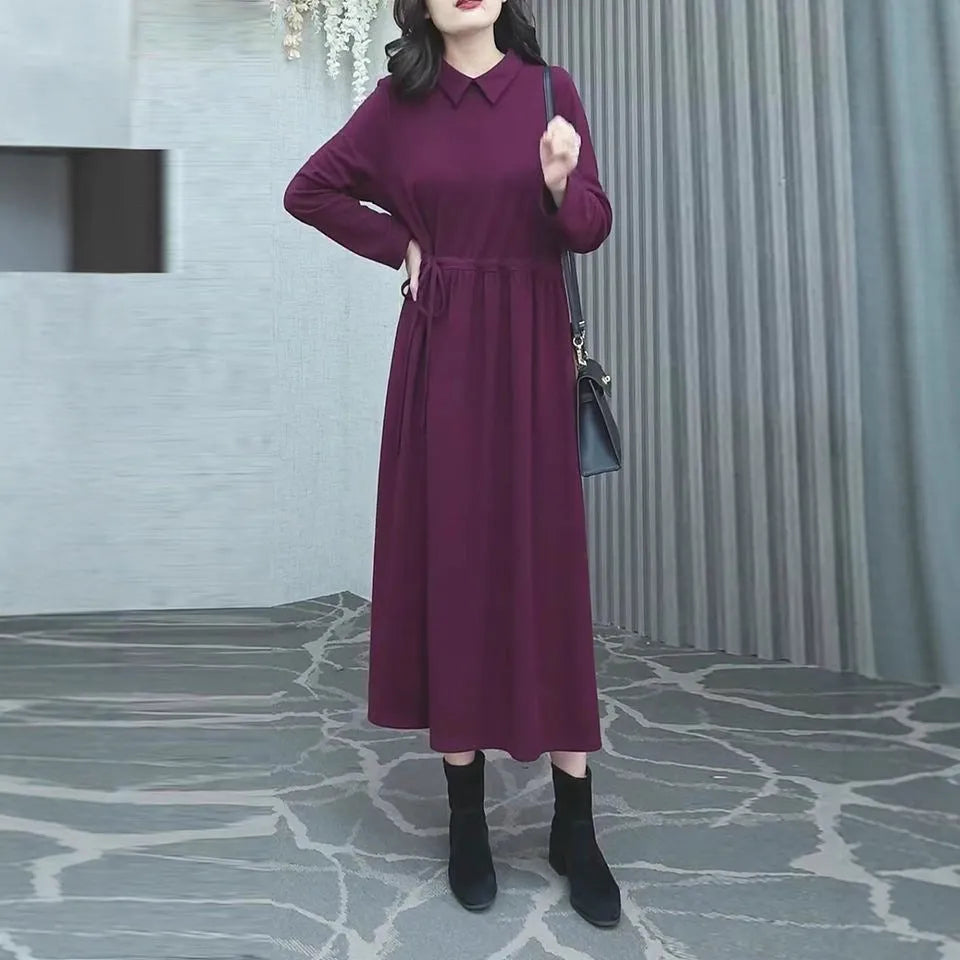Purplish red plus size women's dress with extra long sleeves and urban style for autumn winter wear