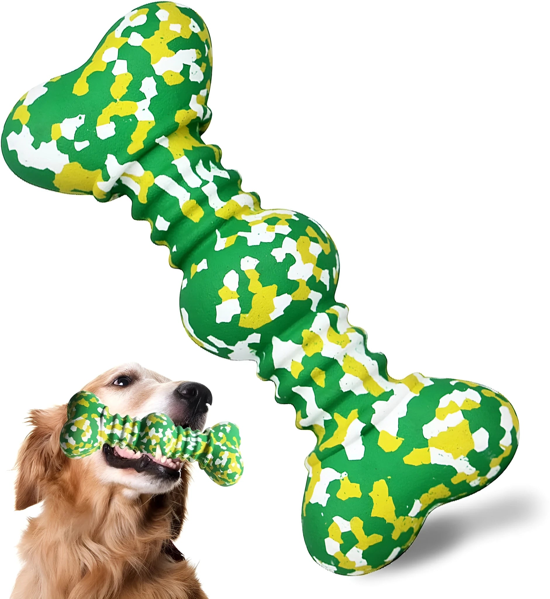 Green, white and yellow camouflage pattern natural rubber dog chew toy for large breeds