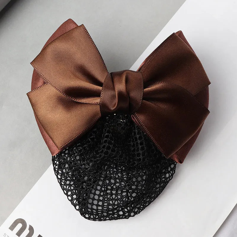 Professional waitress hair net with double bow clip in various colours including black, red, and blue mesh