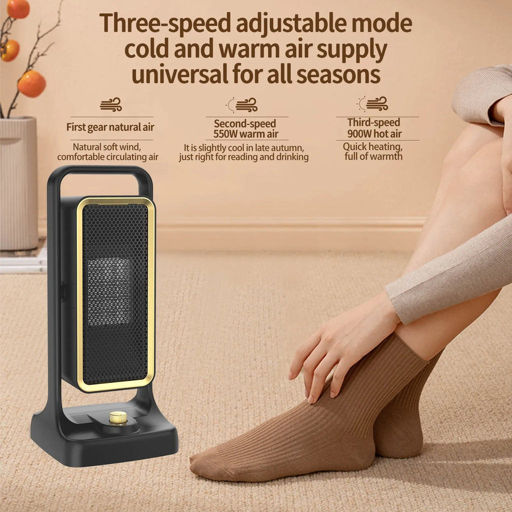Black HQ-500A PTC ceramic desk heater with control knob on a desktop.