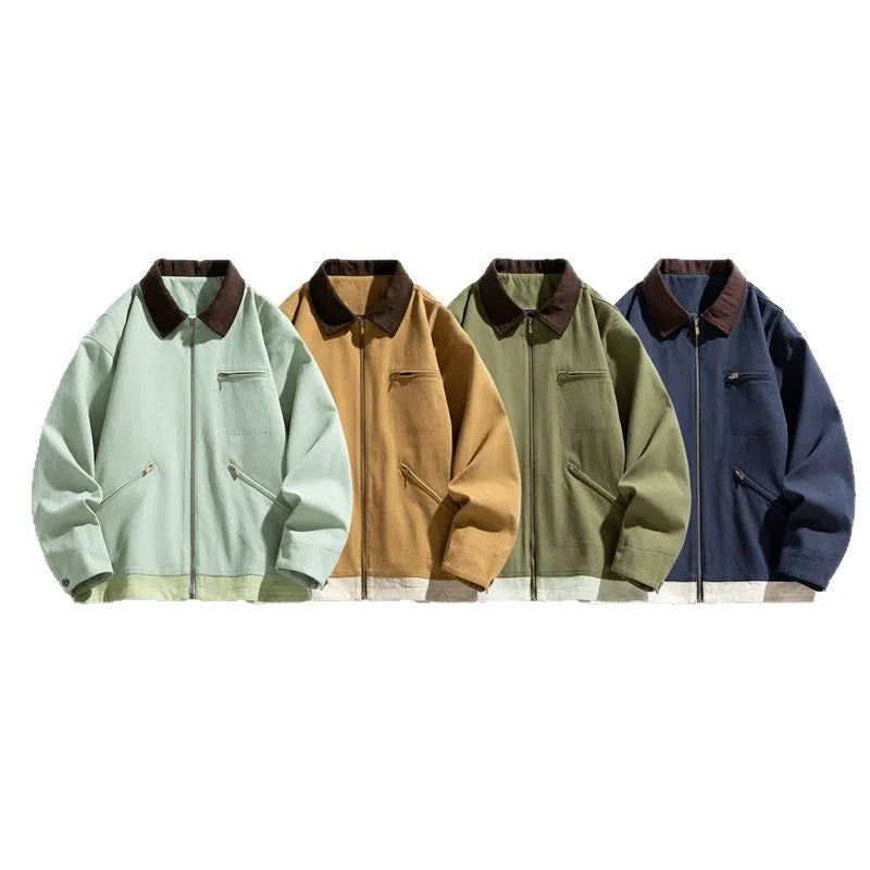 Men's Korean style workwear jacket with contrast lapels in loose fit autumn design
