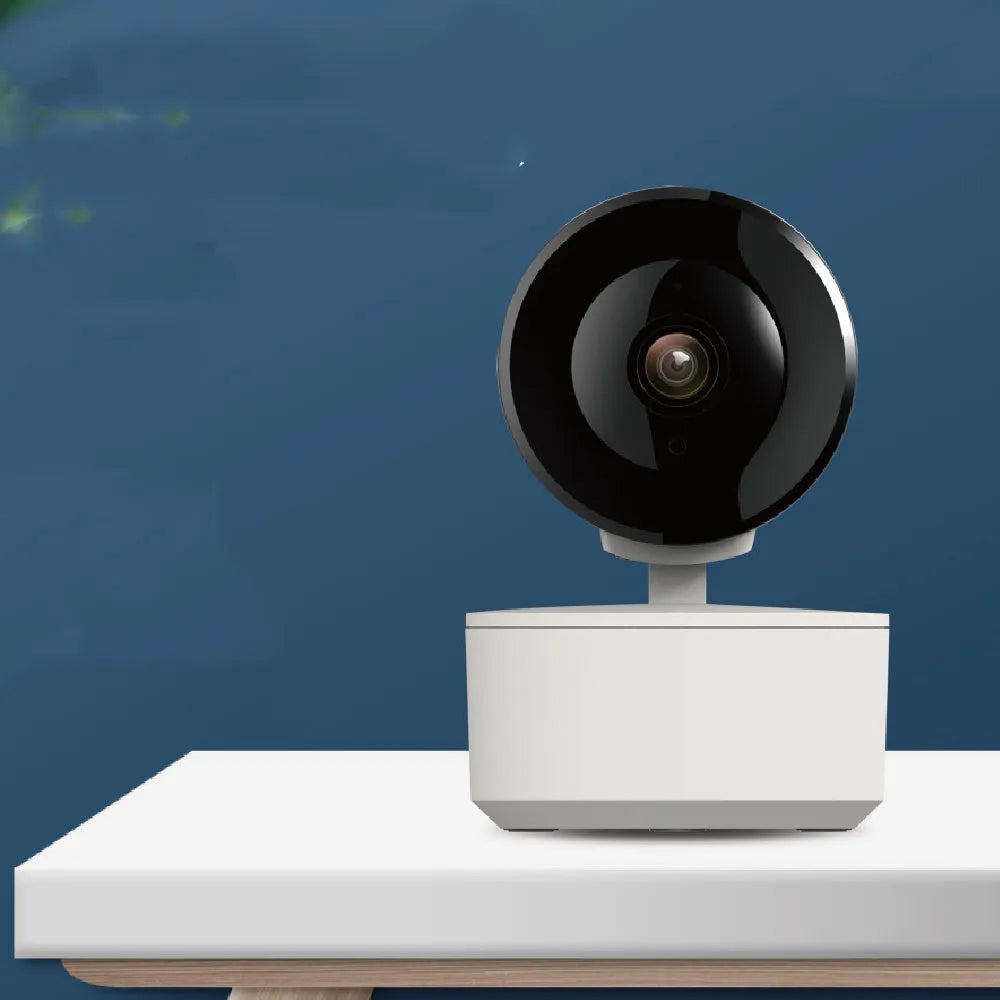 Smart WiFi indoor security camera with 1080P resolution and PTZ rotation on desktop mount