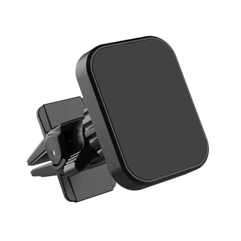 Black magnetic car phone holder mounted on car air conditioning vent with smartphone attached